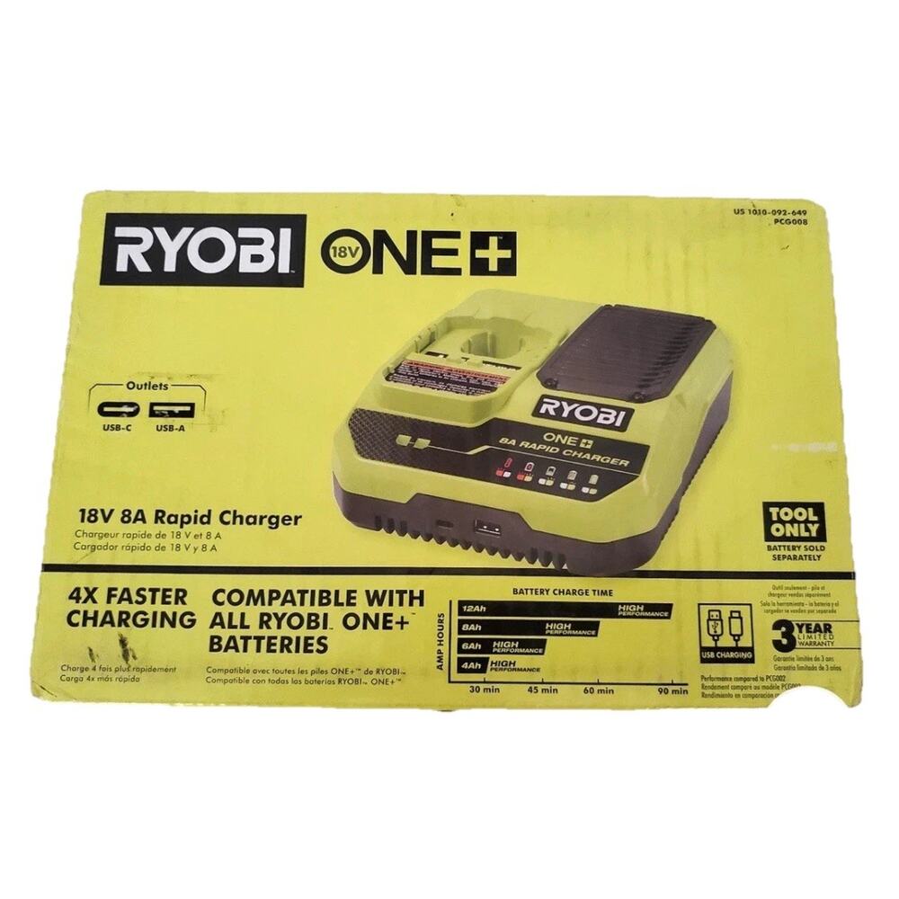 Ryobi One+18 Volt 8A Rapid Battery Charger PCG008 W/ USB-C and USB-A Ports